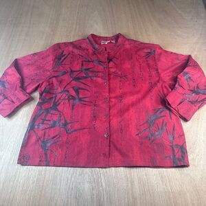 Vintage Chico’s Design Red Asian Print Button Up Top Size 3 XL Mandarin Collar